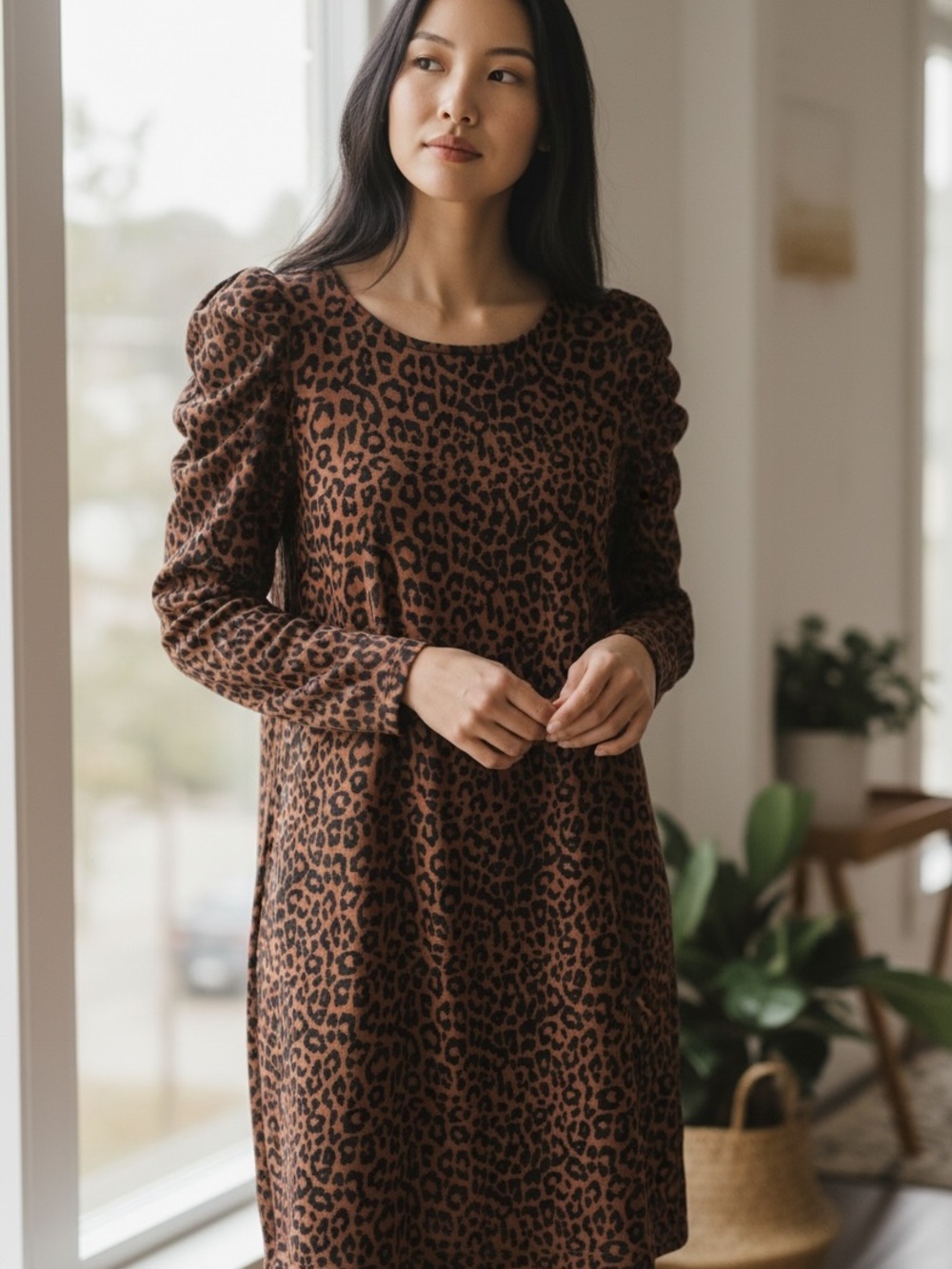 LOFT Brown and Black Leopard-Print Long-Sleeve Shift Dress